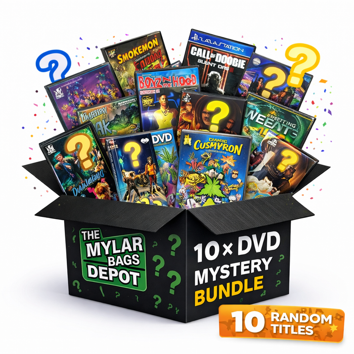 10 Pack 3.5g Mylar Bags with DVD Cases Mystery Retail Packaging Pouches - Assorted Designs