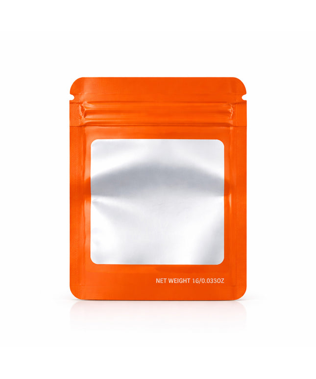 100 Pack – 1g Solid Color Mylar Bags with Square Window - Orange