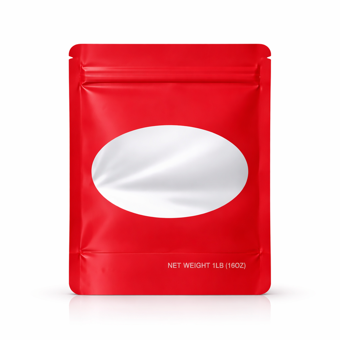 25 Pack – 1lb Solid Color Mylar Bags with Oval Window - Red