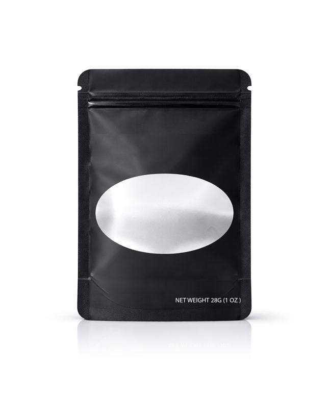 50 Pack – 28g Solid Color Mylar Bags with Oval Window - Black