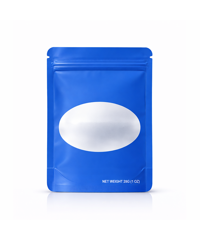 50 Pack – 28g Solid Color Mylar Bags with Oval Window - Royal Blue