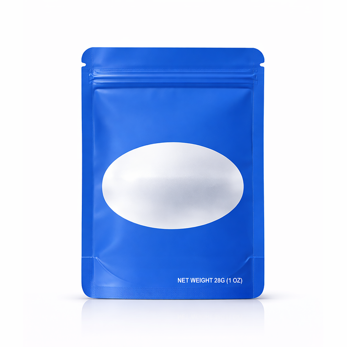 50 Pack – 28g Solid Color Mylar Bags with Oval Window - Royal Blue