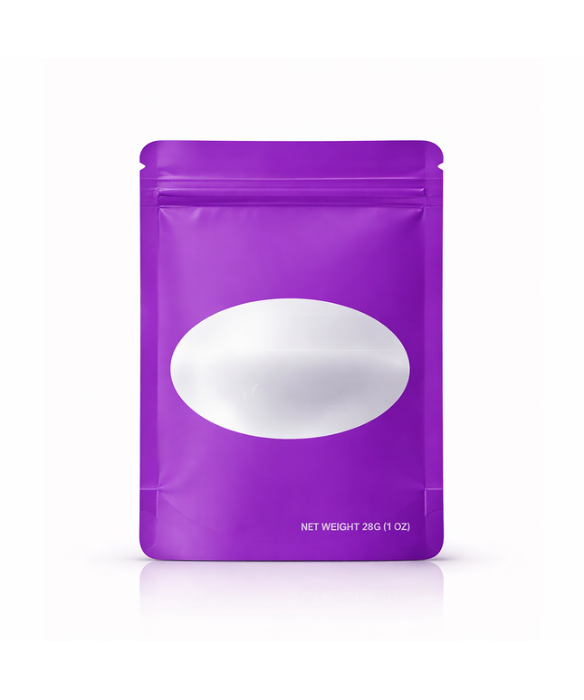 50 Pack – 28g Solid Color Mylar Bags with Oval Window - Purple
