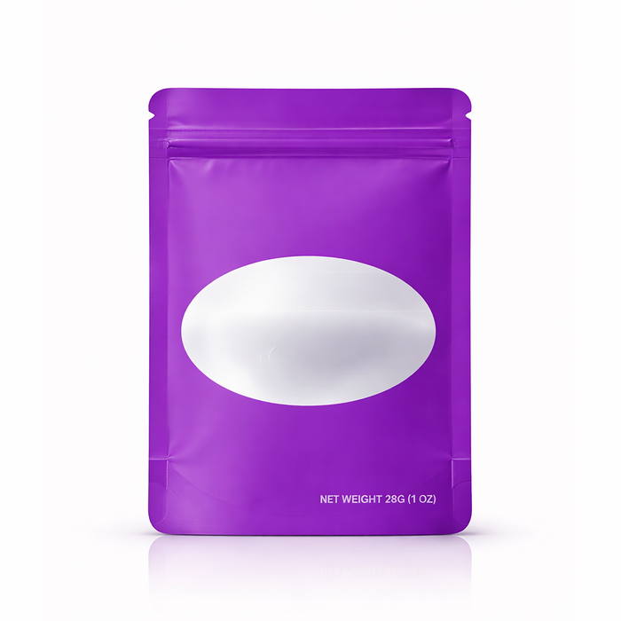 50 Pack – 28g Solid Color Mylar Bags with Oval Window - Purple