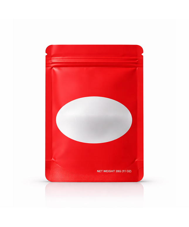 50 Pack – 28g Solid Color Mylar Bags with Oval Window - Red
