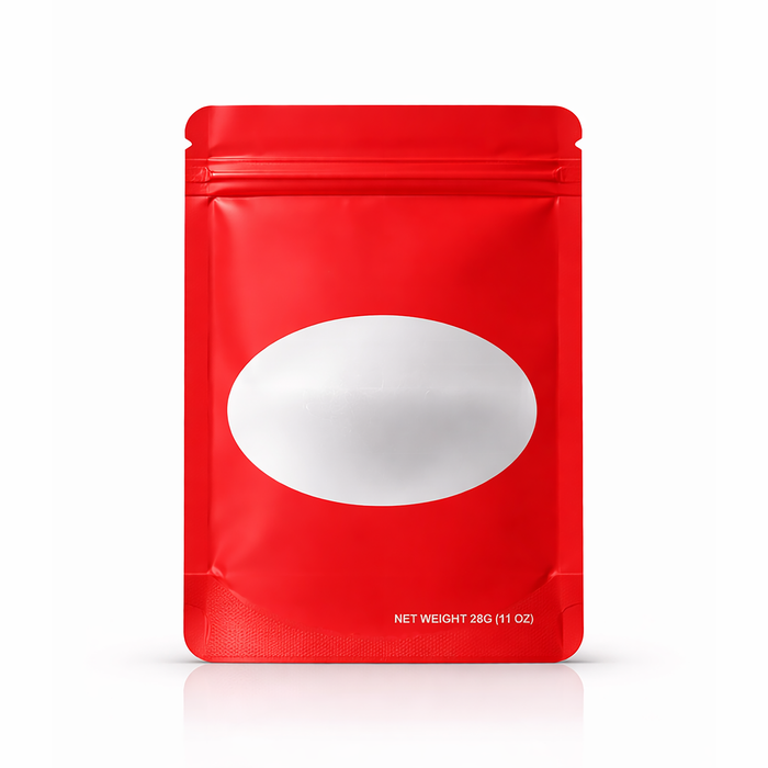 50 Pack – 28g Solid Color Mylar Bags with Oval Window - Red