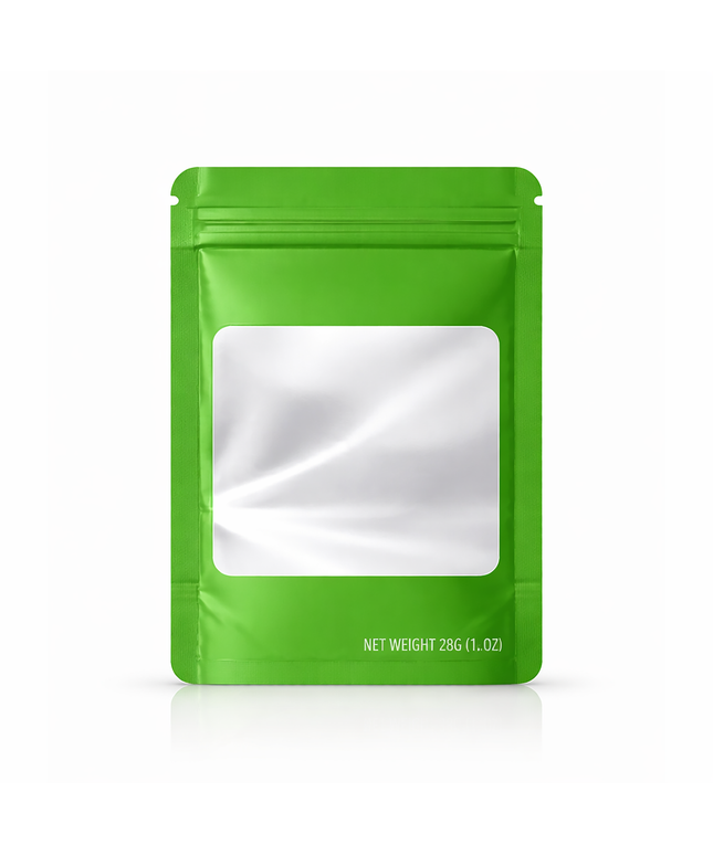50 Pack – 28g Solid Color Mylar Bags with Square Window - Green