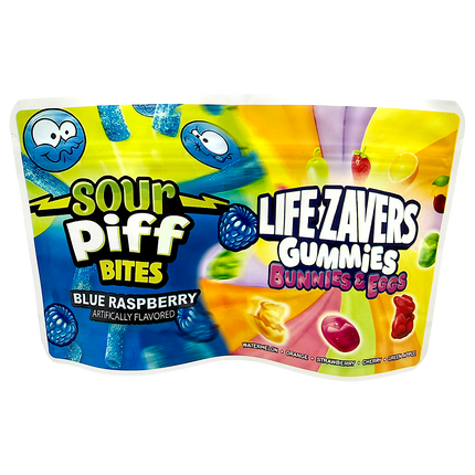 50 Pack 3.5g 2-in-1 Split Dual Graphic Mylar Bags – Sour Piff Ring Candy