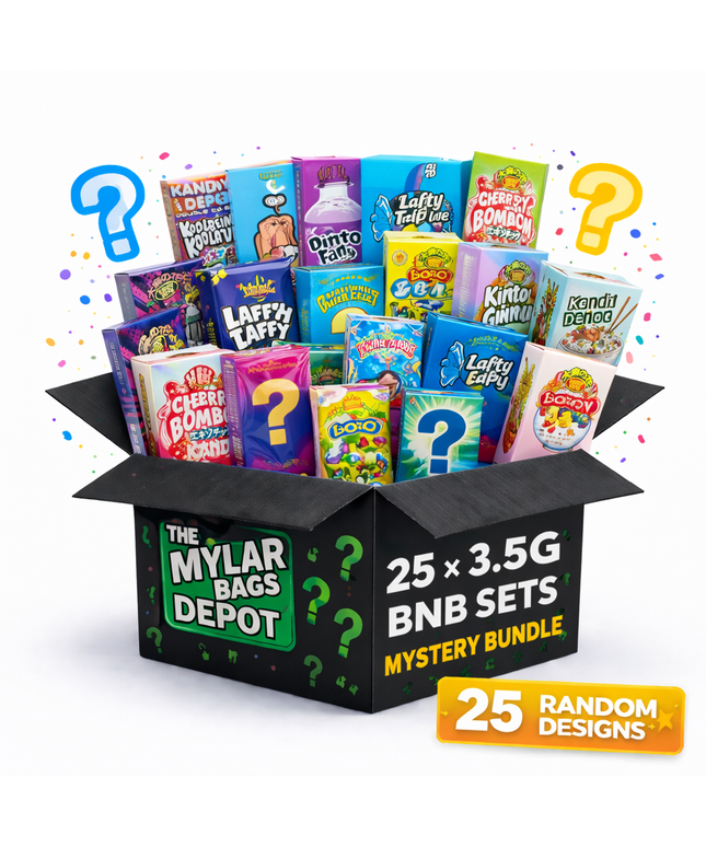 25 Pack 3.5g Mylar Bags and Matching Boxes Mystery Retail Packaging Pouches - Assorted Designs