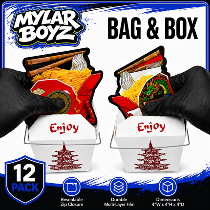 12 Pack Takeout Box with Noodle Storage Pouches – Choose Your Design