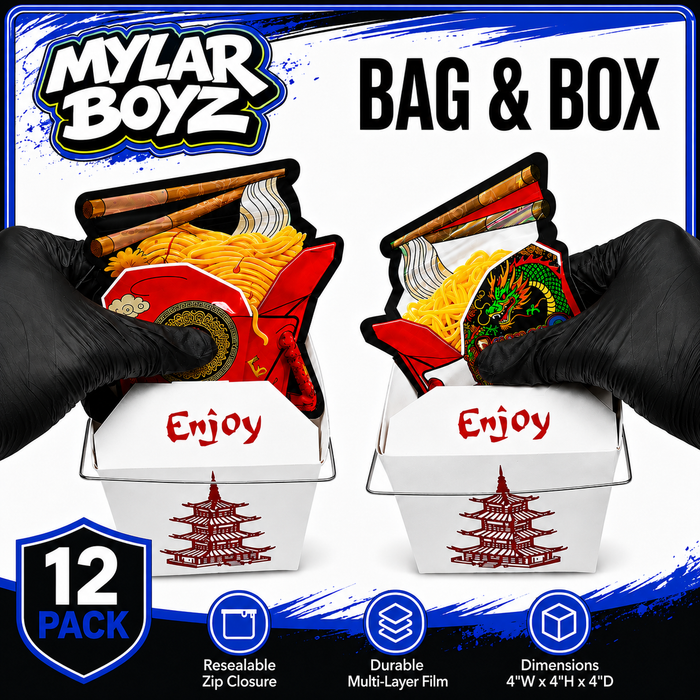 12 Pack Takeout Box with Noodle Storage Pouches – Choose Your Design