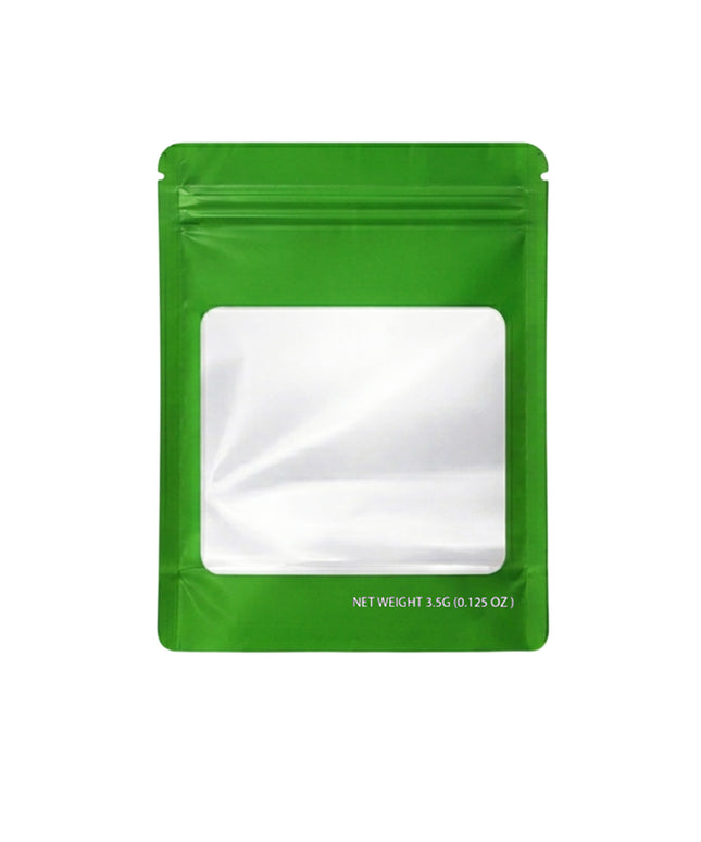 50 Pack – 3.5g Solid Color Mylar Bags with Square Window - Green