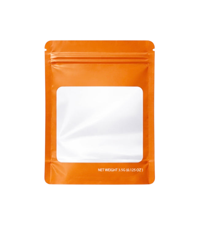 50 Pack – 3.5g Solid Color Mylar Bags with Square Window - Orange