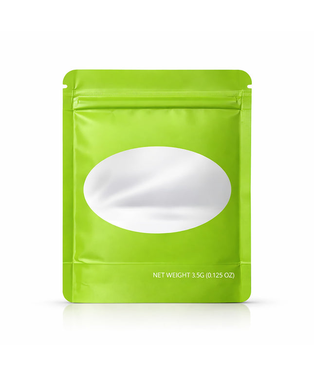 50 Pack – 3.5g Solid Color Mylar Bags with Oval Window - Green