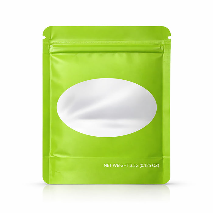 50 Pack – 3.5g Solid Color Mylar Bags with Oval Window - Green