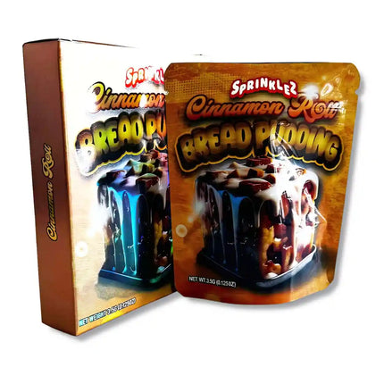 Large mylar bags, herb Mylar Bags, Mylar bag with box, Where to buy mylar bags, Custom mylar bags near me.  Cinnamon Roll Bread Pudding packaging with Sprinkles branding on a white background