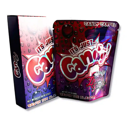 Large mylar bags, herb Mylar Bags, Mylar bag with box, Where to buy mylar bags, Custom mylar bags near me. Gandi candy packaging with vibrant colors on a white background