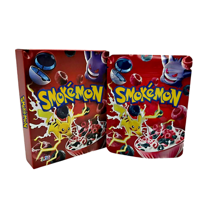 Mylar Bag Pokémon cereal boxes with colorful design and character illustrations on a white background