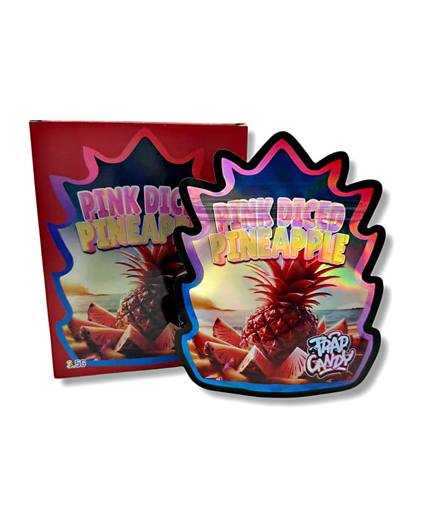 Mylar bags with box, herb Mylar Bags, Where to buy mylar bags, Custom mylar bags near me, Mylar Bags Wholesale.Pink Diced Pineapple packaging with colorful design on a white background