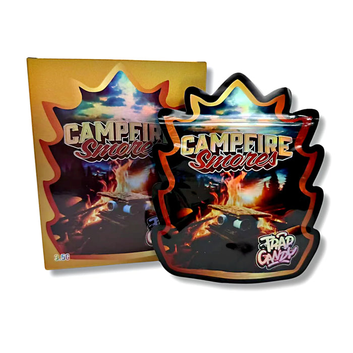 25 Pack 3.5g Shaped Mylar Bags with Window Boxes – Campfire S’mores Design