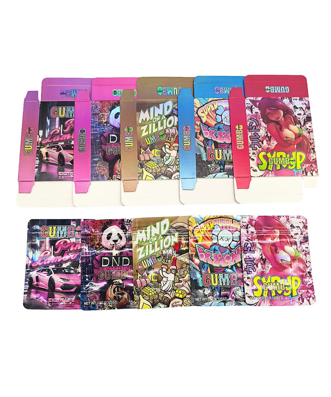 25-Pack 3.5g Shaped Mylar Bags & Boxes – Gumbo Styles 1