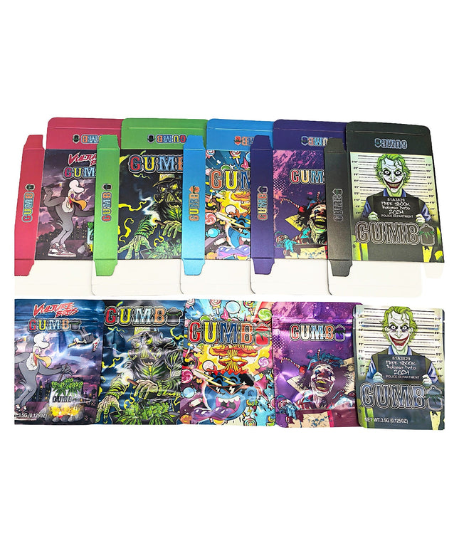25-Pack 3.5g Shaped Mylar Bags & Boxes – Gumbo Styles 3
