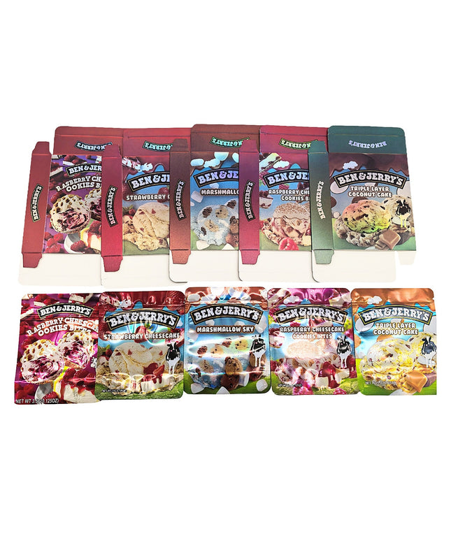 25-Pack 3.5g Shaped Mylar Bags & Boxes – Ben & Jerry’s Ice Cream