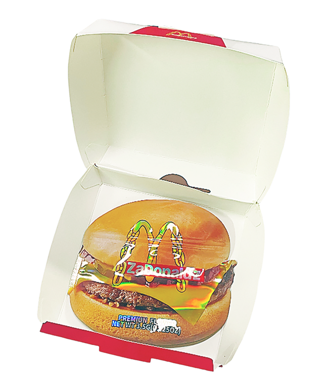 12 Pack Burger Style Zip Seal Pouches with Display Boxes - ZaDonald’z Cheeseburger