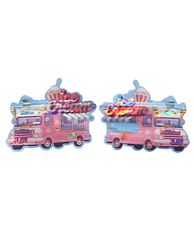 Shaped Mylar bag 3.5g, herb Mylar Bags, Where to buy mylar bags, Custom mylar bags near me, Mylar Bags Wholesale. Two pink ice cream truck-shaped objects with colorful details on a white background