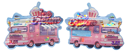 Shaped Mylar bag 3.5g, herb Mylar Bags, Where to buy mylar bags, Custom mylar bags near me, Mylar Bags Wholesale. Two pink ice cream truck-shaped objects with colorful details on a white background
