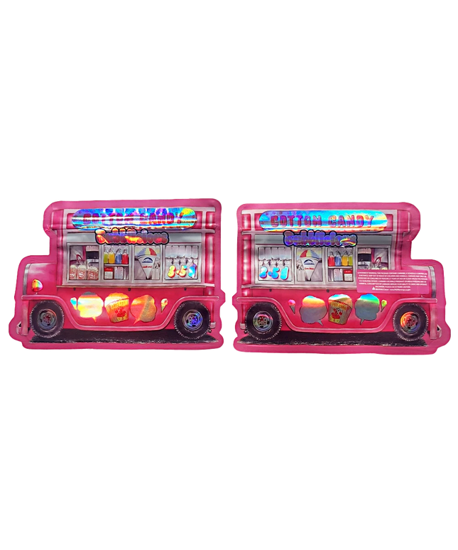 Shaped Mylar bag 3.5g, herb Mylar Bags, Where to buy mylar bags, Custom mylar bags near me, Mylar Bags Wholesale. Two pink ice cream truck toys on a white background
