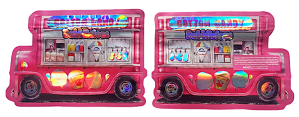 Shaped Mylar bag 3.5g, herb Mylar Bags, Where to buy mylar bags, Custom mylar bags near me, Mylar Bags Wholesale. Two pink ice cream truck toys on a white background