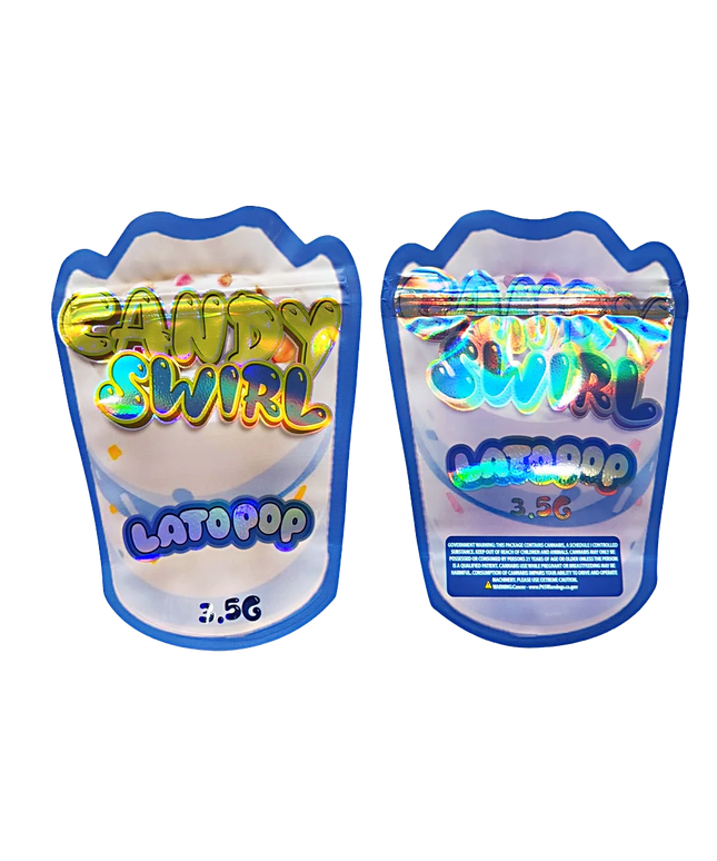 Shaped Mylar bag 3.5g, herb Mylar Bags, Where to buy mylar bags, Custom mylar bags near me, Mylar Bags Wholesale. Two packages of Candy Swirl Lat Pop with colorful text on a white background