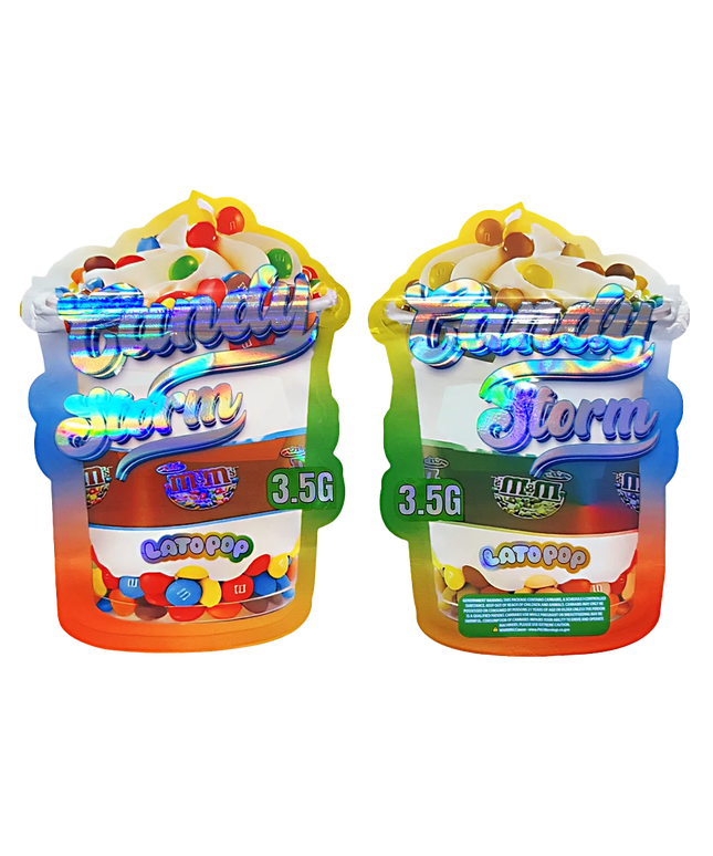 Shaped Mylar bag 3.5g, herb Mylar Bags, Where to buy mylar bags, Custom mylar bags near me, Mylar Bags Wholesale. Two packages of M&M's Candy Storm with colorful candy design on a white background
