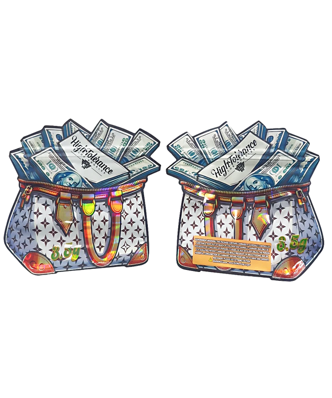 Shaped Mylar bag 3.5g, herb Mylar Bags, Where to buy mylar bags, Custom mylar bags near me, Mylar Bags Wholesale. Two colorful purses with money design on a white background