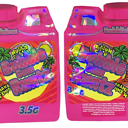 Shaped Mylar bag 3.5g, herb Mylar Bags, Where to buy mylar bags, Custom mylar bags near me, Mylar Bags Wholesale. Two pink bottles of Bubble Gum Flutz with colorful labels on a white background