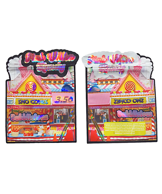 Shaped Mylar bag 3.5g, herb Mylar Bags, Where to buy mylar bags, Custom mylar bags near me, Mylar Bags Wholesale. Two colorful candy display stands with various candy names and prices.