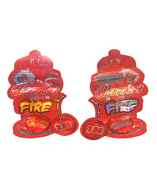 Shaped Mylar bag 3.5g, herb Mylar Bags, Where to buy mylar bags, Custom mylar bags near me, Mylar Bags Wholesale. Two red packaging of 'Cherries on Fire' candy on a white background