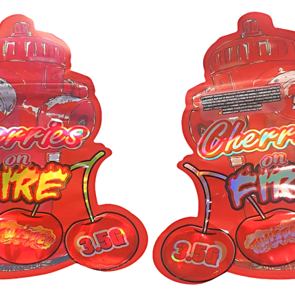 Shaped Mylar bag 3.5g, herb Mylar Bags, Where to buy mylar bags, Custom mylar bags near me, Mylar Bags Wholesale. Two red packaging of 'Cherries on Fire' candy on a white background