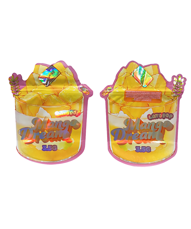 Shaped Mylar bag 3.5g, herb Mylar Bags, Where to buy mylar bags, Custom mylar bags near me, Mylar Bags Wholesale. Two containers of 'Mango Dream' candy with colorful packaging on a white background.
