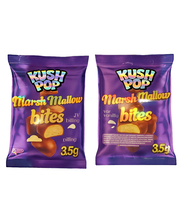 Two Mylar Bag packages of Kush Pop Marshmallow bites on a white background