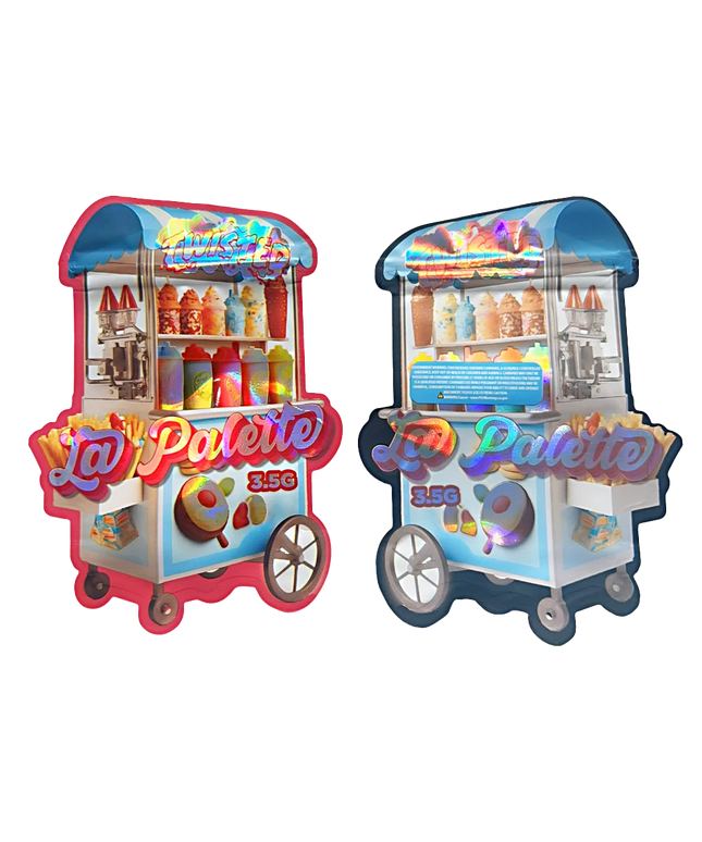 Shaped Mylar bag 3.5g, herb Mylar Bags, Where to buy mylar bags, Custom mylar bags near me, Mylar Bags Wholesale. Two colorful La Palette candy carts on a white background