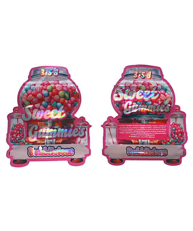 Shaped Mylar bag 3.5g, herb Mylar Bags, Where to buy mylar bags, Custom mylar bags near me, Mylar Bags Wholesale. Two pink gumball machines filled with colorful gummy bears on a white background.