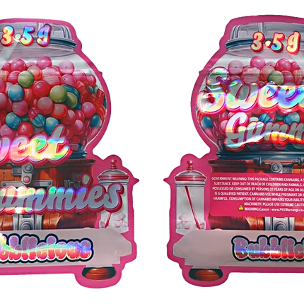 Shaped Mylar bag 3.5g, herb Mylar Bags, Where to buy mylar bags, Custom mylar bags near me, Mylar Bags Wholesale. Two pink gumball machines filled with colorful gummy bears on a white background.