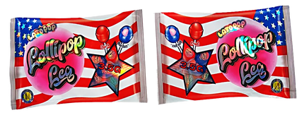 Shaped Mylar bag 3.5g, herb Mylar Bags, Where to buy mylar bags, Custom mylar bags near me, Mylar Bags Wholesale. Two packages of Lollipop Lee candy with American flag design