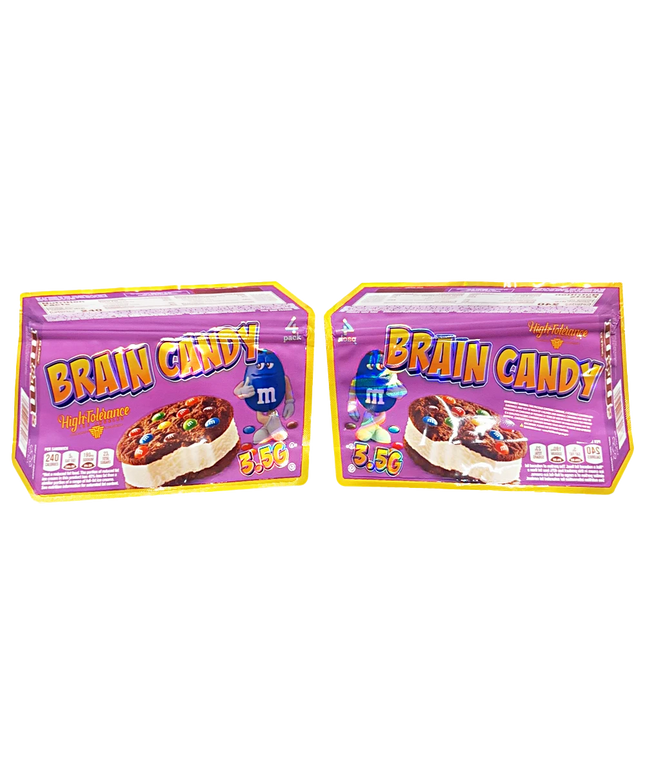 Mylar bag 3.5g, herb Mylar Bags, Where to buy mylar bags, Custom mylar bags near me, Mylar Bags Wholesale. Two packages of Brain Candy candy with colorful packaging and product images.