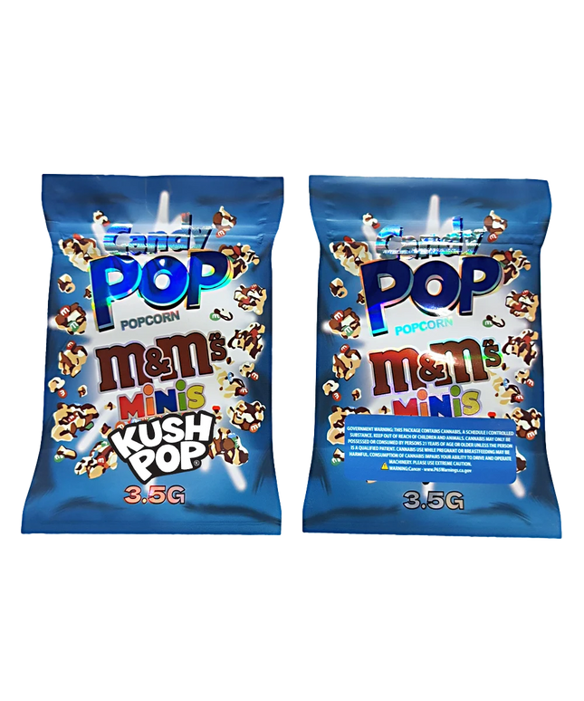 Two Mylar Bag packages of M&M's Popcorn Minis Kush Pop on a white background