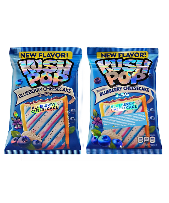 Two Mylar Bag packages of Rush Pop Blueberry Cheesecake flavor on a white background