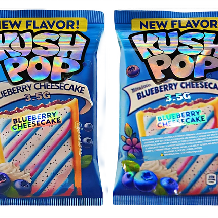 Two Mylar Bag packages of Rush Pop Blueberry Cheesecake flavor on a white background