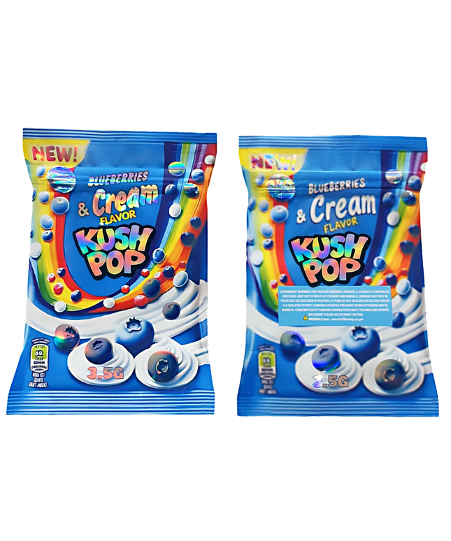Two Mylar Bag packages of Blueberries & Cream Flavor Kush Pop on a white background